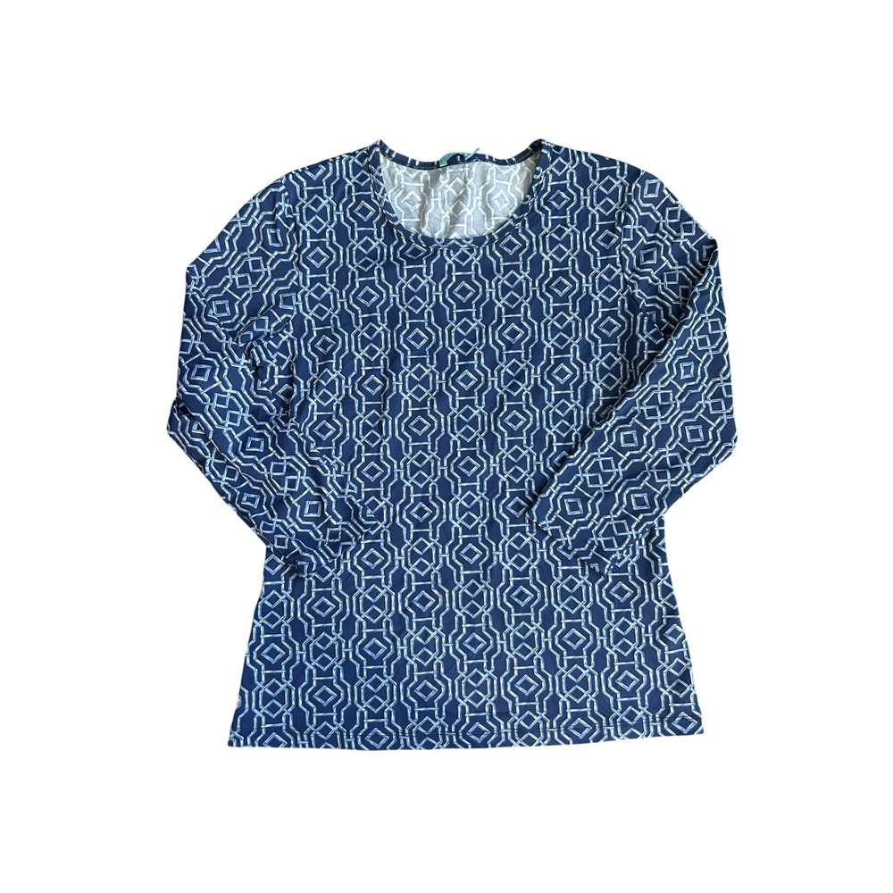 J.McLaughlin Womens Navy Blue Geometric Trellis Print Long Sleeve Top Size S